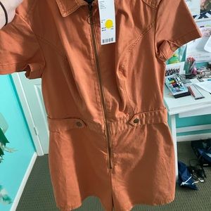 Orange Denim Zip Up Romper